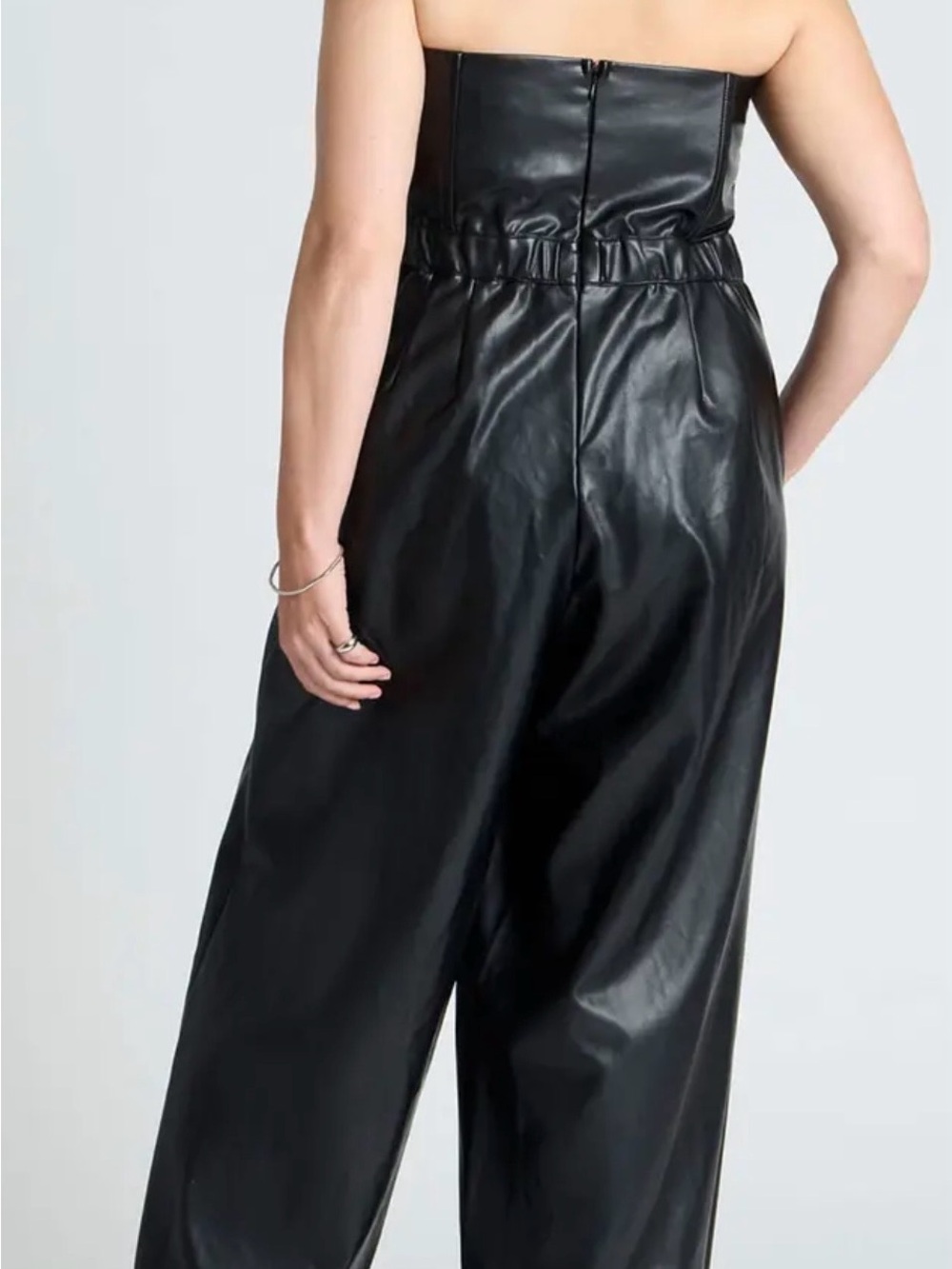 ELOQUII Black Faux Leather Wide-Leg Strapless Jumpsuit - Picture 2 of 5
